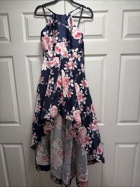 Speechless Navy Floral High-Low Dress with Pink Roses